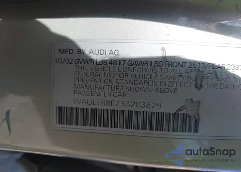 2003 Audi A4 3.0 из США, поврежденный, VIN WAULT68E23A203829